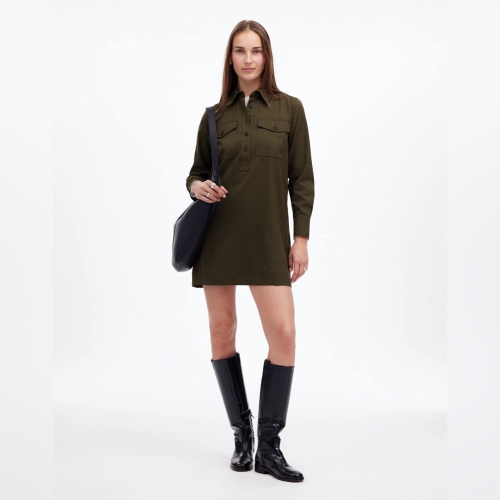 NWOT Madewell Button Up Mini Shirt Dress x-small, olive melange